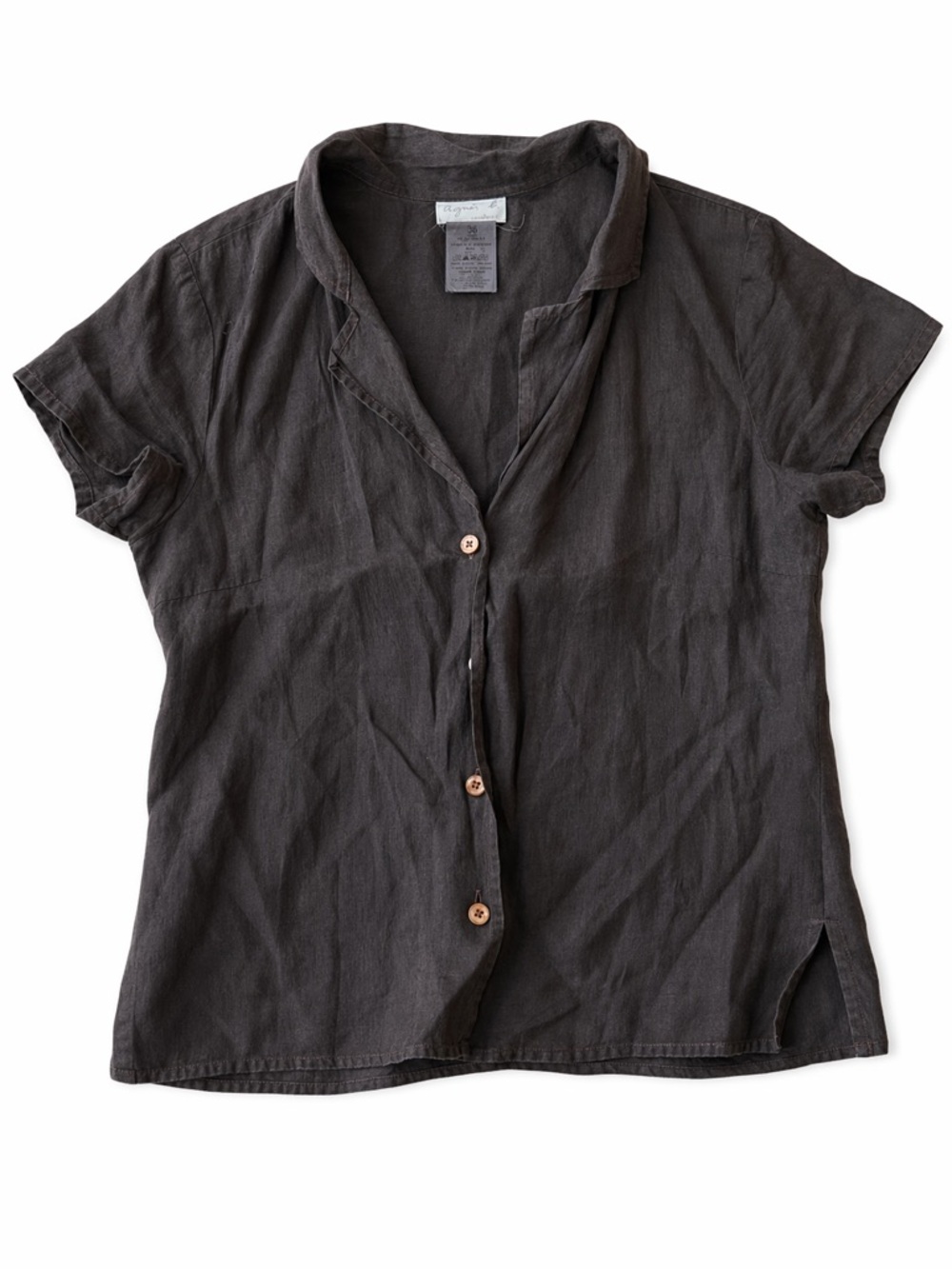 Agnès B Paris Brown 100% Linen Button Front Blouse Top Size 36 French Minimalist